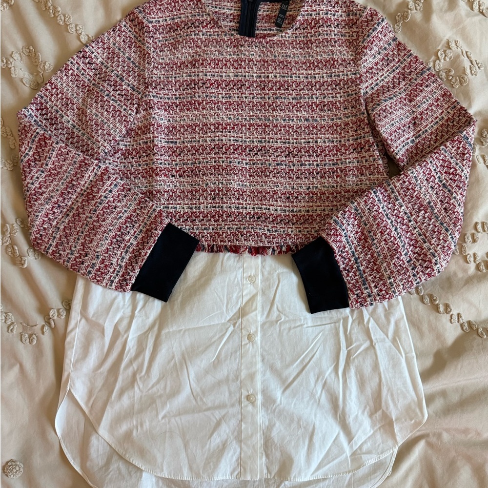 Stylish Red and White Knit Top with Black Accents
